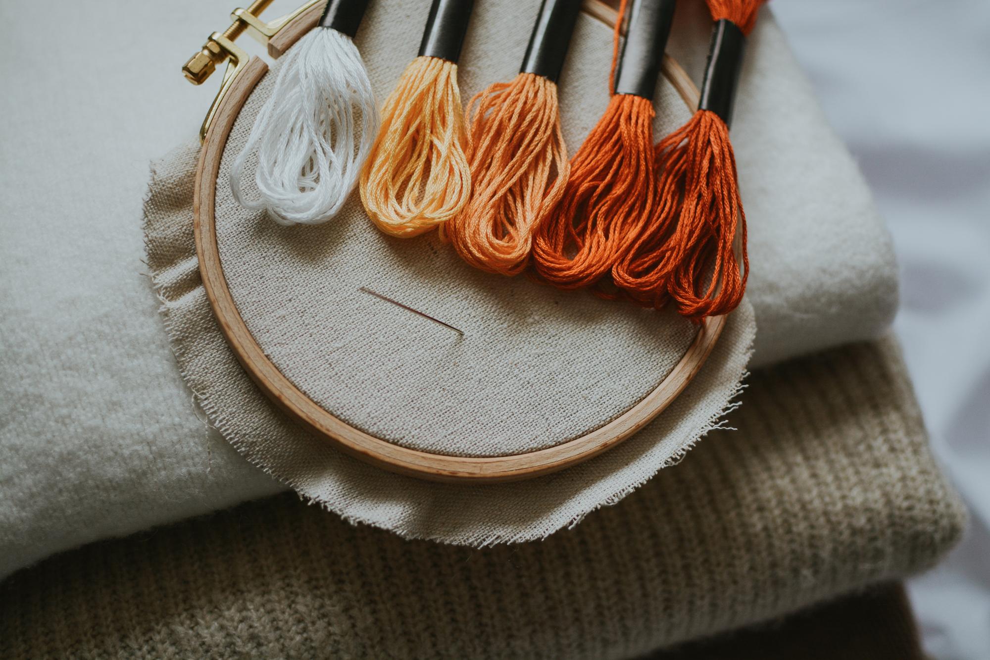 close-up embroidery threads and hoop